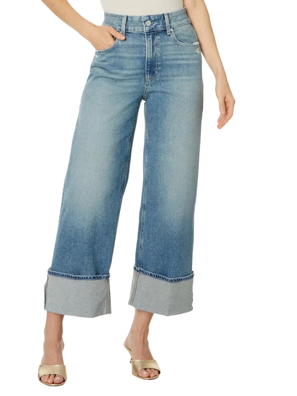 Nwt Paige Sasha High Rise Wide Cuff Leg Jeans - Storybook Mid Blue